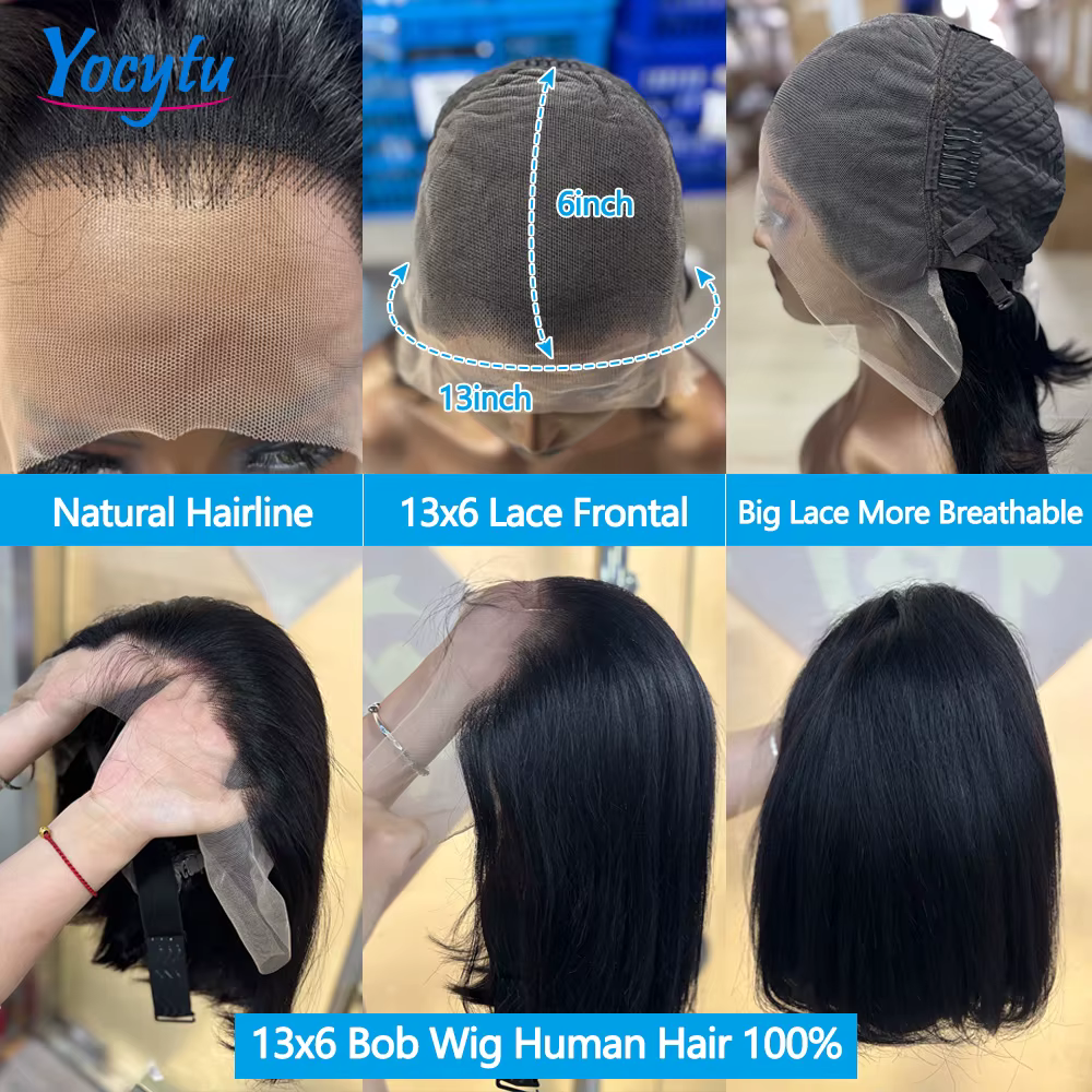 Perruque Bob Lace Front YOCYTU 13x6 en cheveux humains, 12 pouces, courte et droite, pré-épilée, ave
