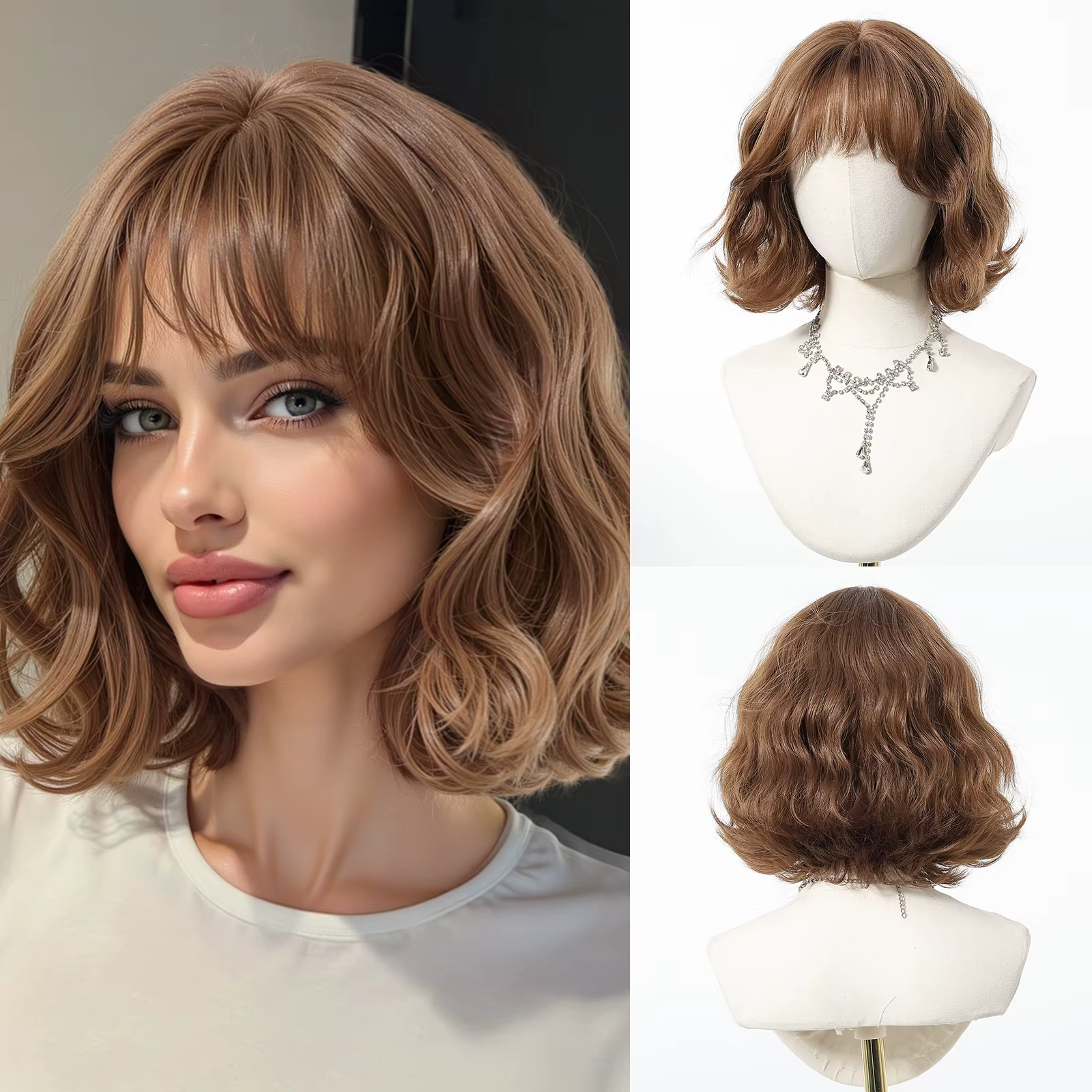 Perruques synthétiques marron miel, perruque courte ondulée pour femmes, faux cheveux naturels quoti