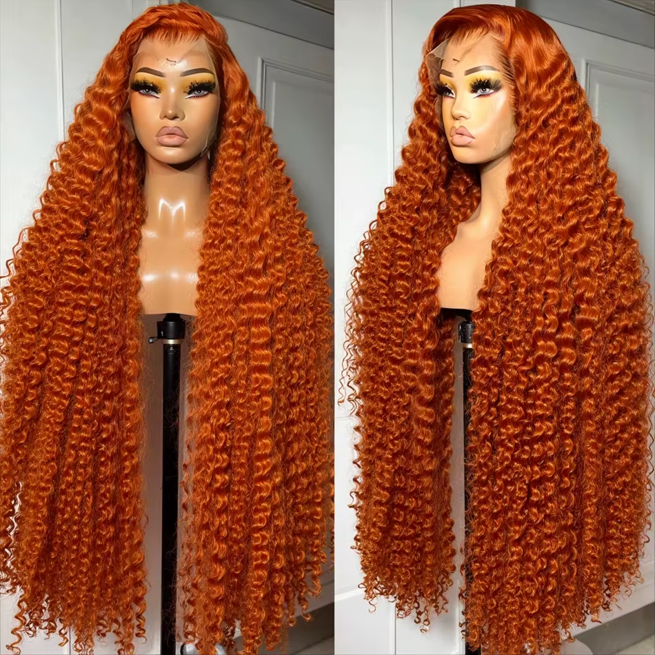 Perruque Lace Frontale 13x6 en Cheveux Humains, Ondulations Profondes Couleur Gingembre Orange, Dens