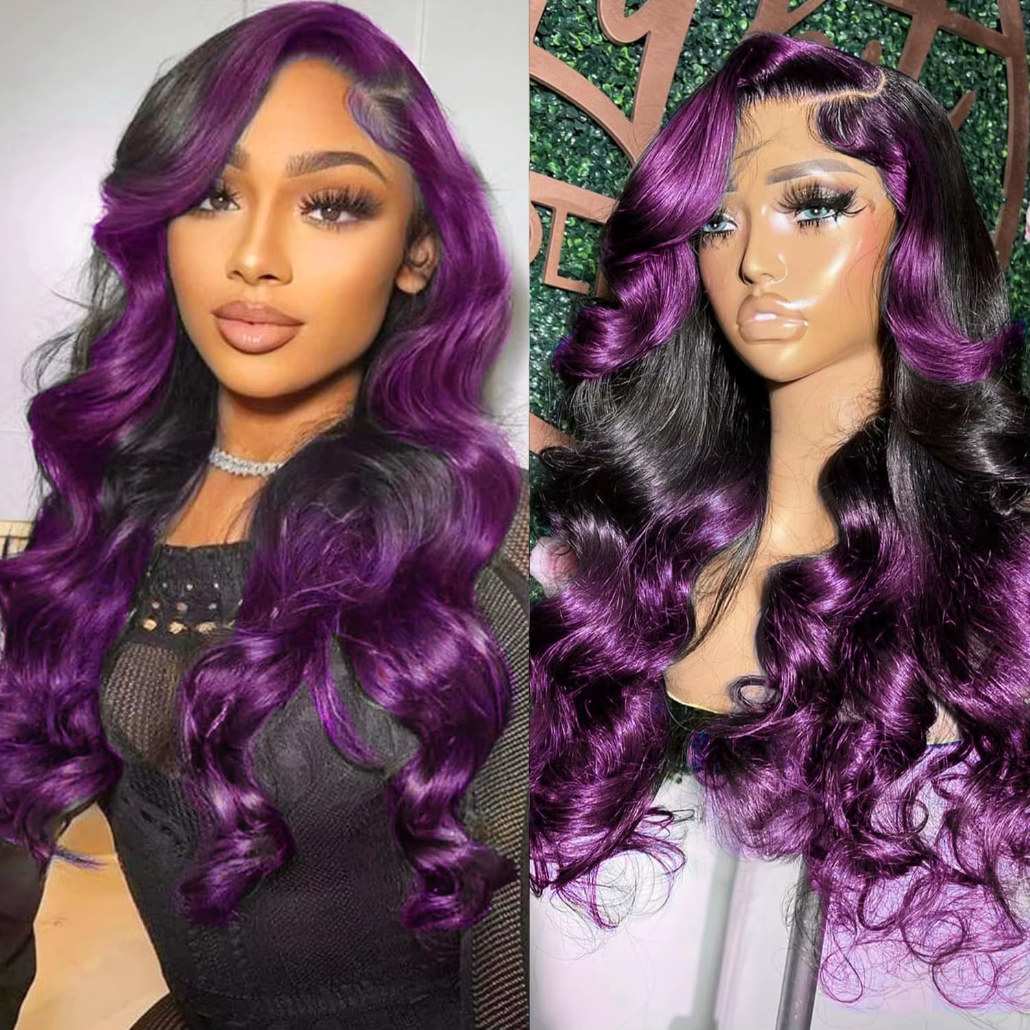 Perruques Lace Front Ombré Violet 13x4 à Rayures, Cheveux Humains Ondulés, Mèches Violet Foncé, Perr