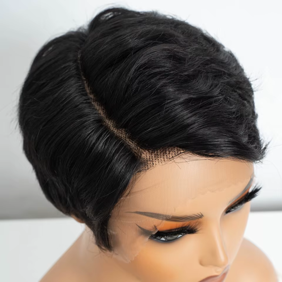 Lekker noir court coupe lutin 13X1 C partie dentelle avant 100% perruque de cheveux humains pour les