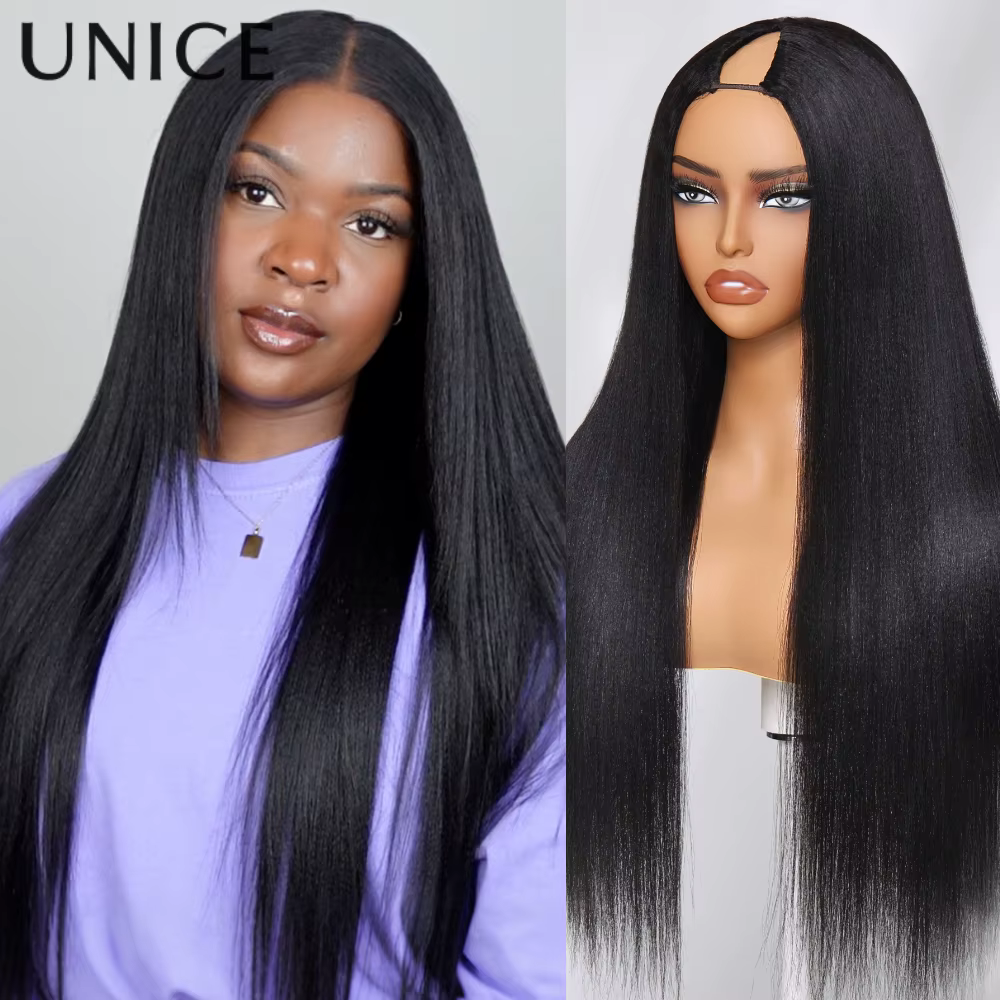 UNice Yaki perruque droite V partie avec cordon 100% cheveux humains perruque en forme de V