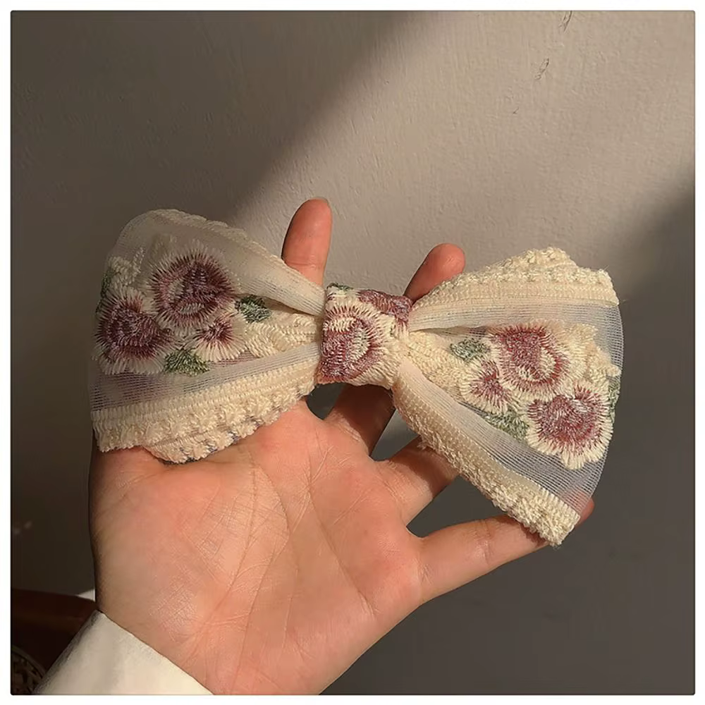 Pince à cheveux avec nœud en dentelle pour femmes et filles, pince à cheveux en gaze, broderie flora