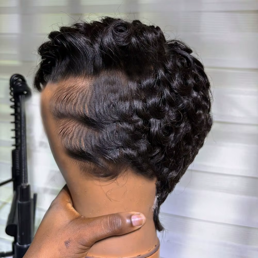 Perruques courtes coupe lutin cheveux humains pour femmes-6 pouces perruques courtes ondulées bouclé
