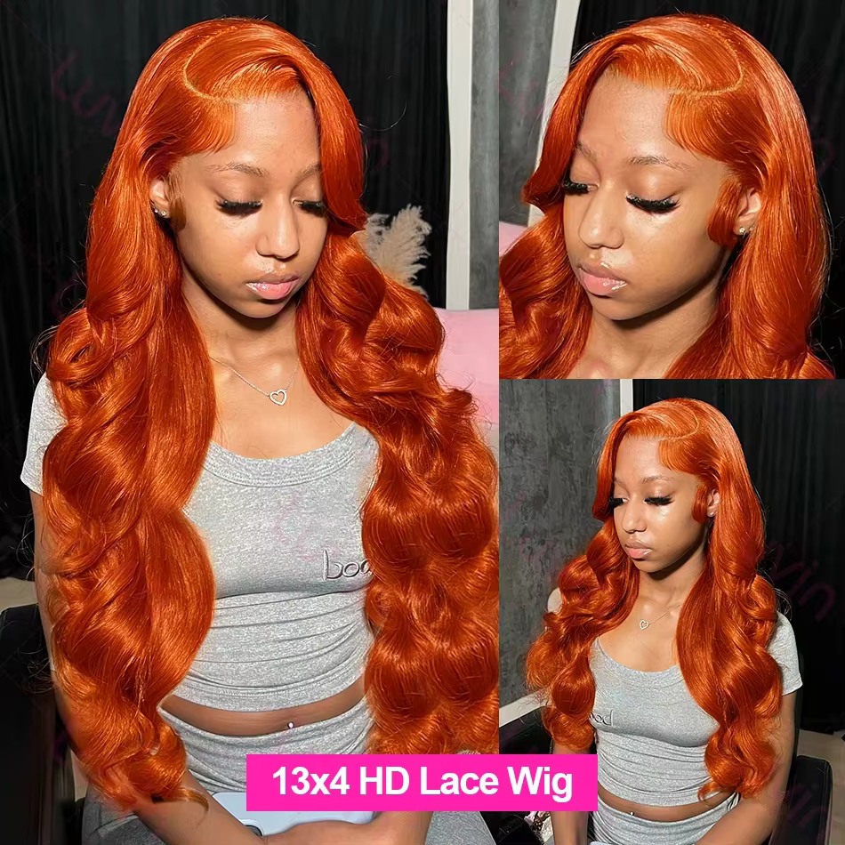 Perruques frontales en dentelle HD 13x6 Body Wave Ginger Orange, cheveux humains brésiliens # 350 pe