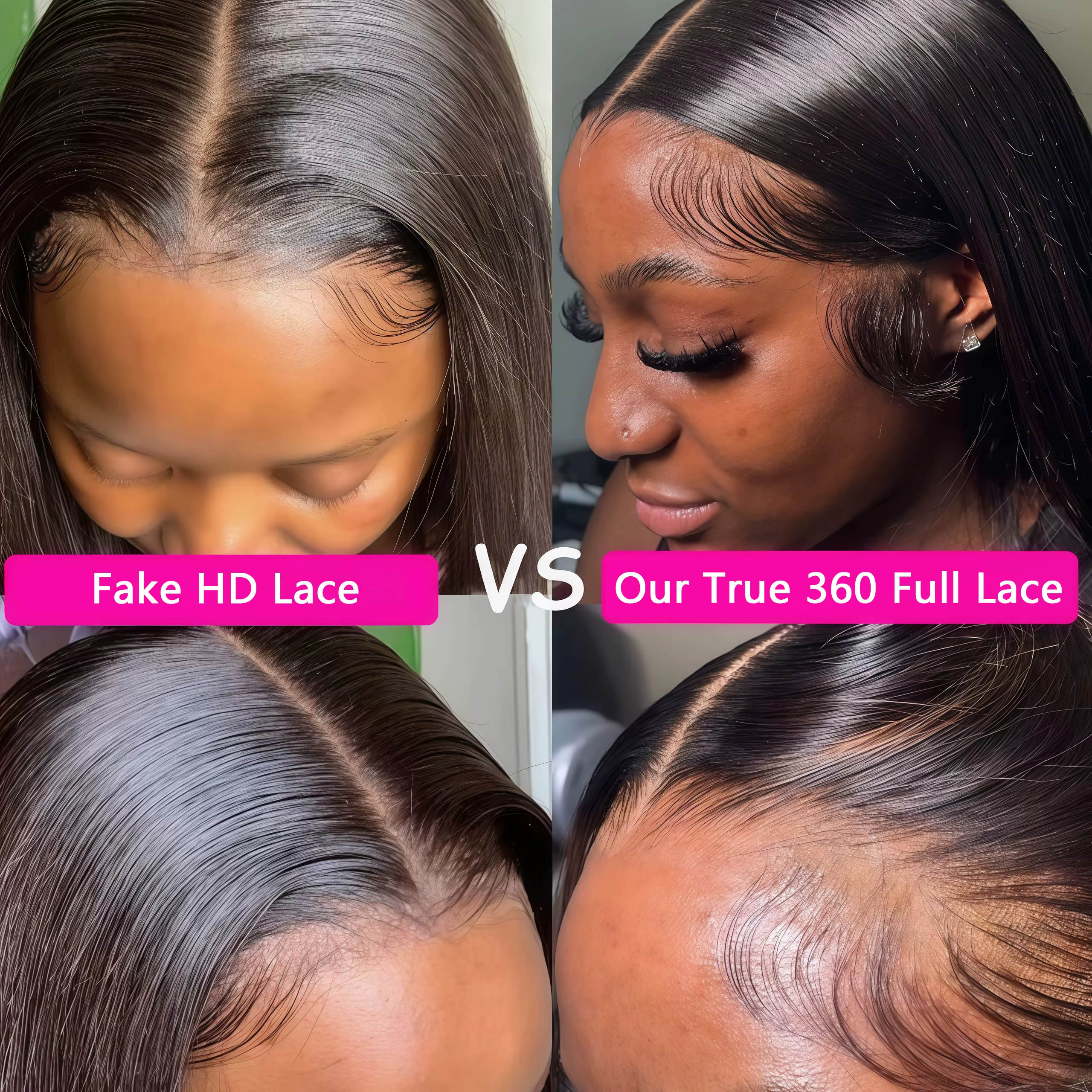 Perruque Full Lace Wig naturelle lisse, cheveux humains, densité 200, pre-plucked, HD 360, perruque