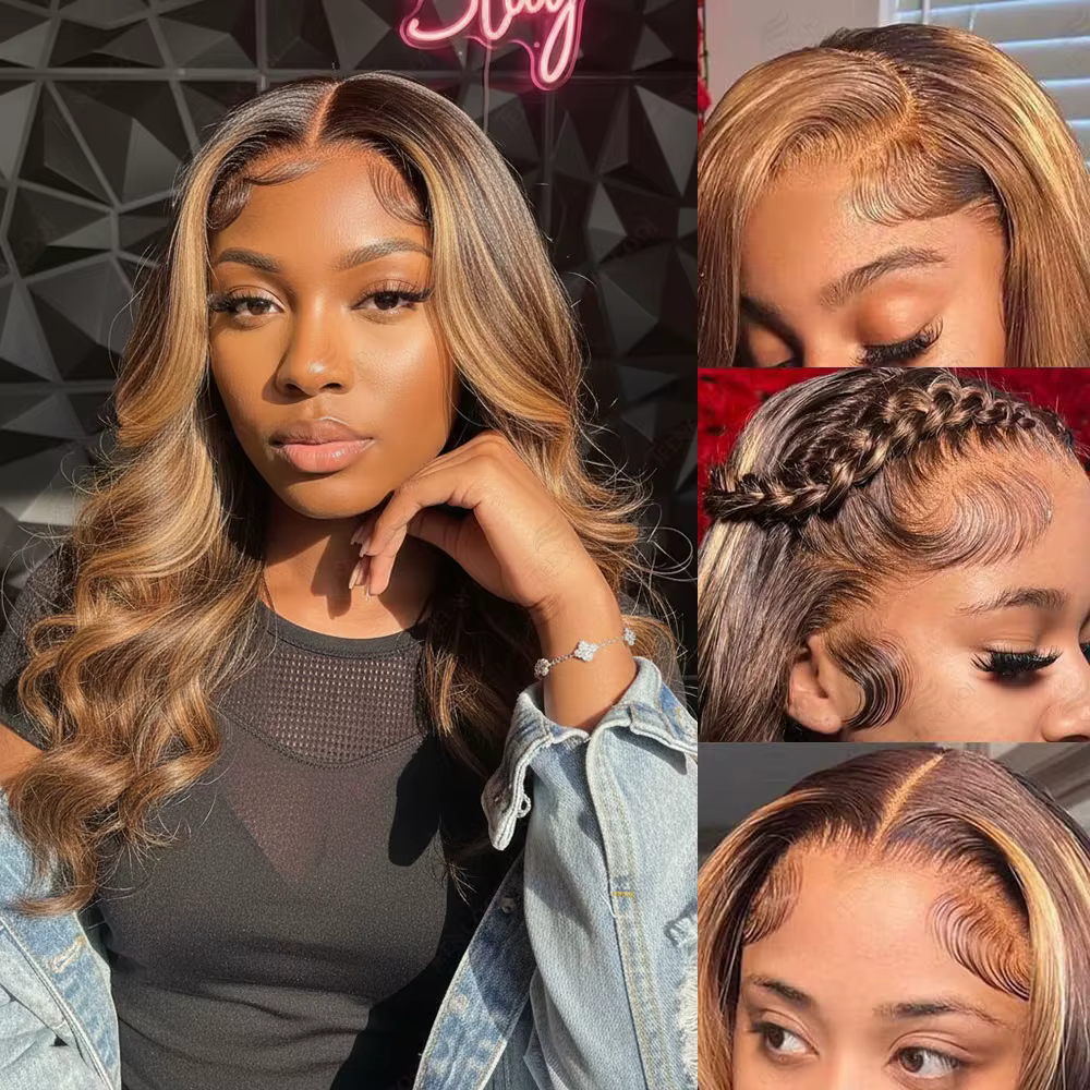 Perruque Lace Frontal Wig Body Wave brésilienne naturelle, cheveux humains à reflets colorés, 13x4,