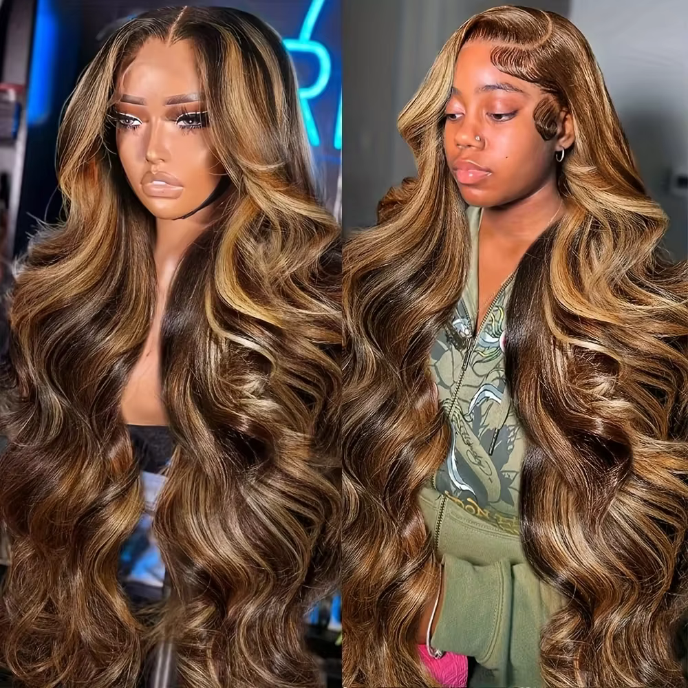 P4/27 mettre en évidence brun vague de corps 13x6 perruque de cheveux humains couleur blond miel 13x