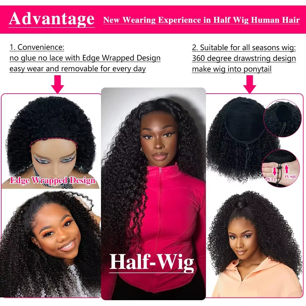 Perruque sans colle 250% en cheveux humains, afro bouclés crépus, avec bandeau, mise à niveau 3 en 1