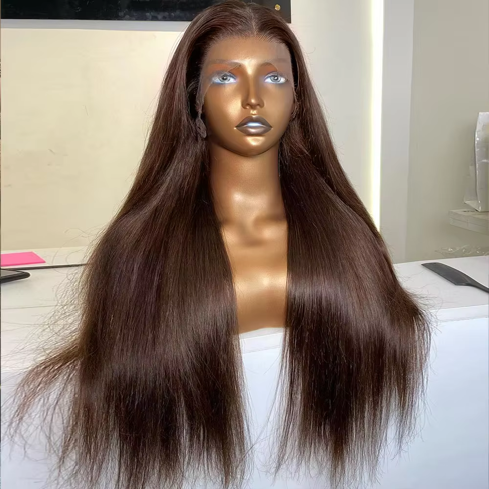 Perruque Lace Front Wig naturelle lisse, brun chocolat, cheveux humains, 13x4, 13x6, 36 ou 38 pouces