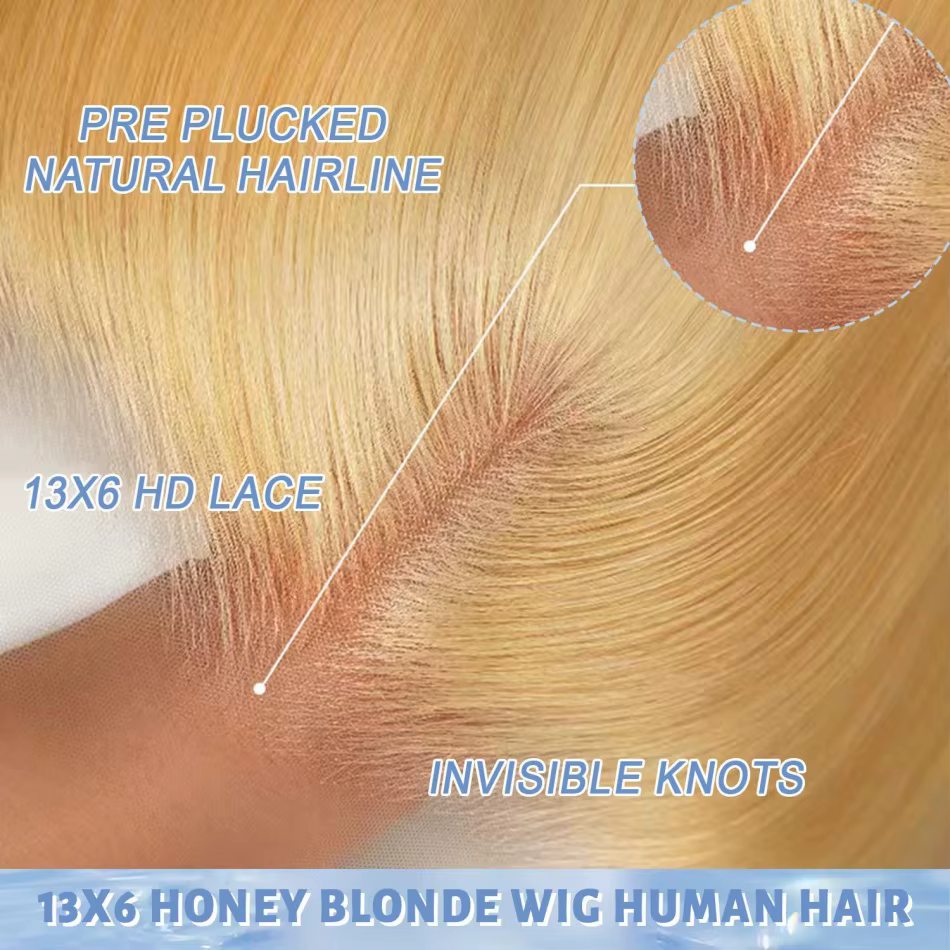 Perruques brésiliennes en cheveux humains ondulés, blond miel 27, avec dentelle frontale HD 13x6 et