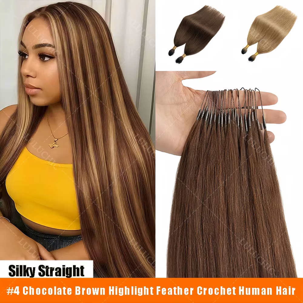 Extensions de cheveux humains pré-bouclées, mèches brunes ombrées, effet plume, soyeuses et lisses, 
