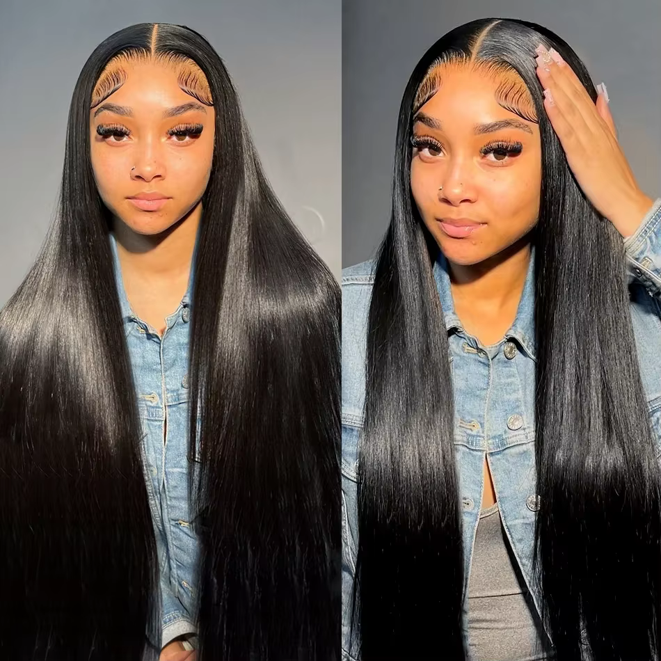 Perruque Lace Frontal Wig brésilienne naturelle, cheveux lisses, 13x4 HD, 44 46 pouces de Long, dens