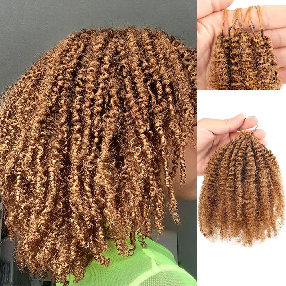 Extensions de cheveux humains Afro Kinky Feather au crochet, 30 mèches blond miel bouclées, couleur 