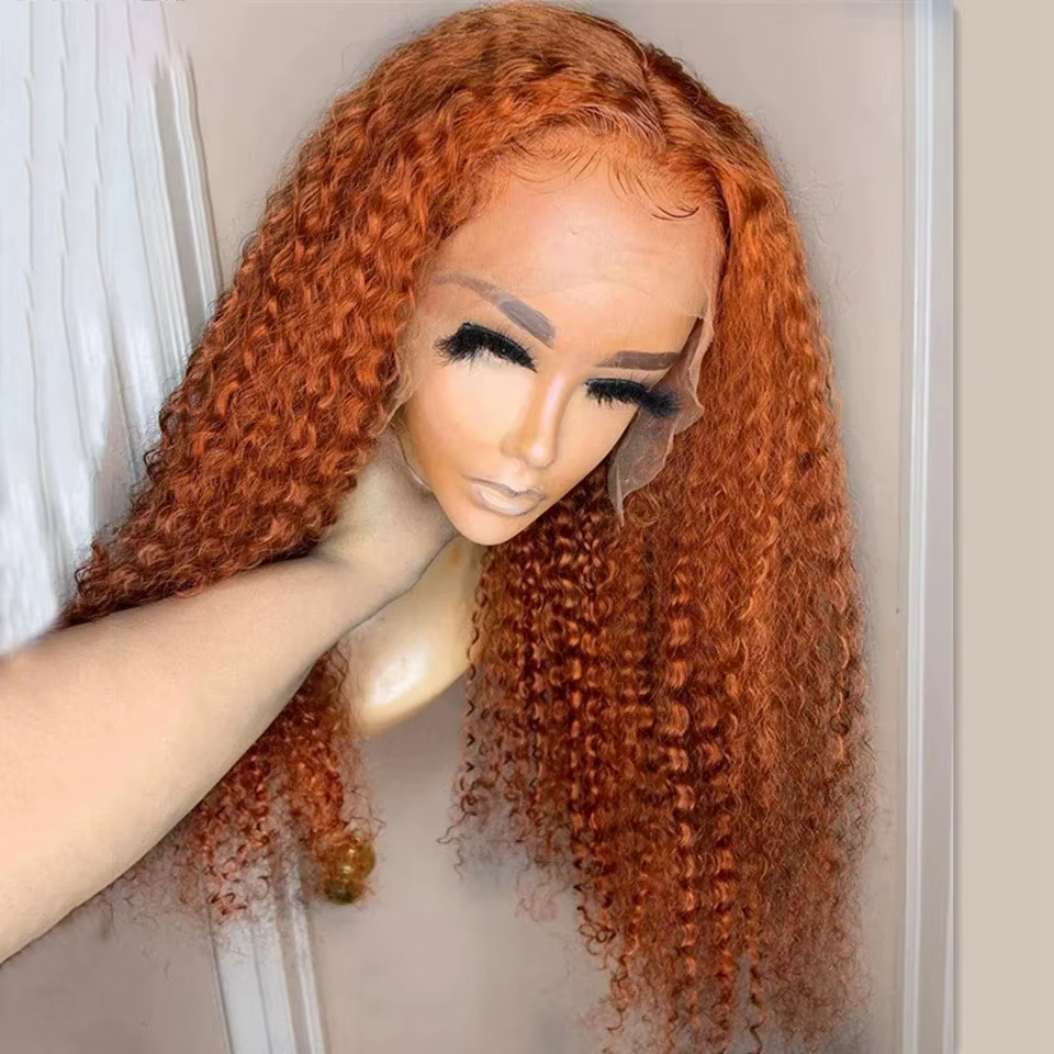 Perruque Lace Front Wig synthétique bouclée et longue, couleur gingembre Orange Blonde, 13x4, pre-pl