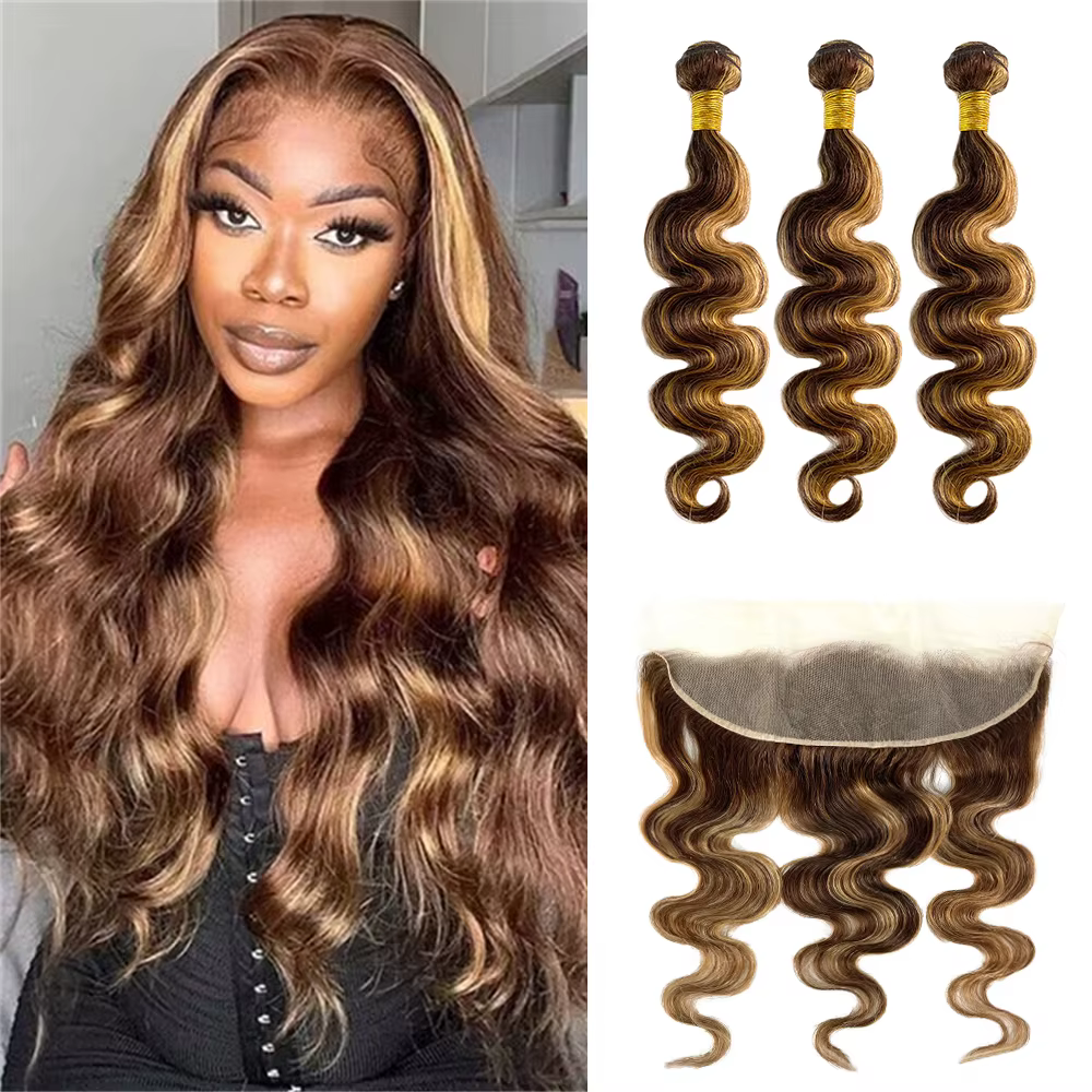 Mèches naturelles Body Wave à reflets, avec Lace Frontal 13x4, blond miel, Extensions de cheveux ave