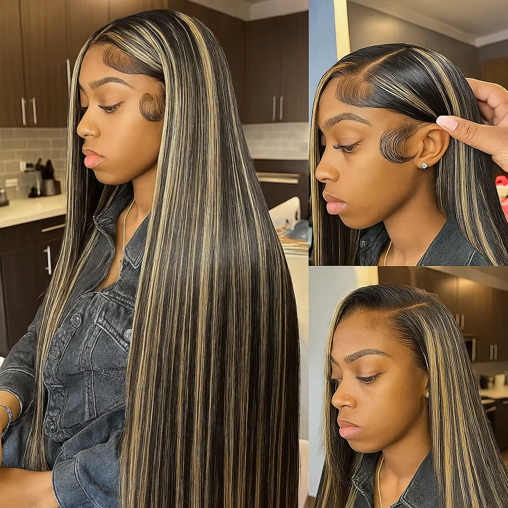 Perruque Lace Front Wig naturelle lisse à reflets 1b30, cheveux lisses noirs avec dégradé marron, 13