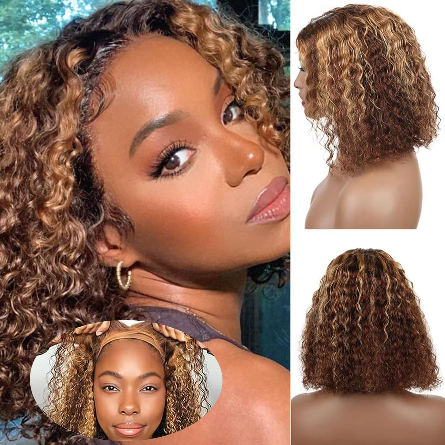 4/27 mettre en évidence la couleur bouclés Bob perruque cheveux humains vague profonde 200% densité
