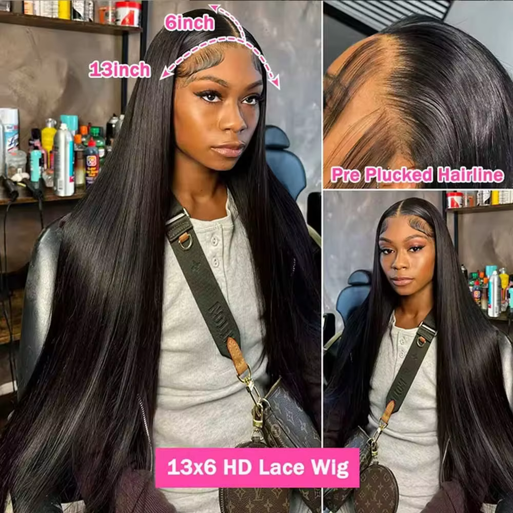 40 pouces noir droite perruques de cheveux humains 13x6 HD dentelle frontale perruque pré-plumée 250