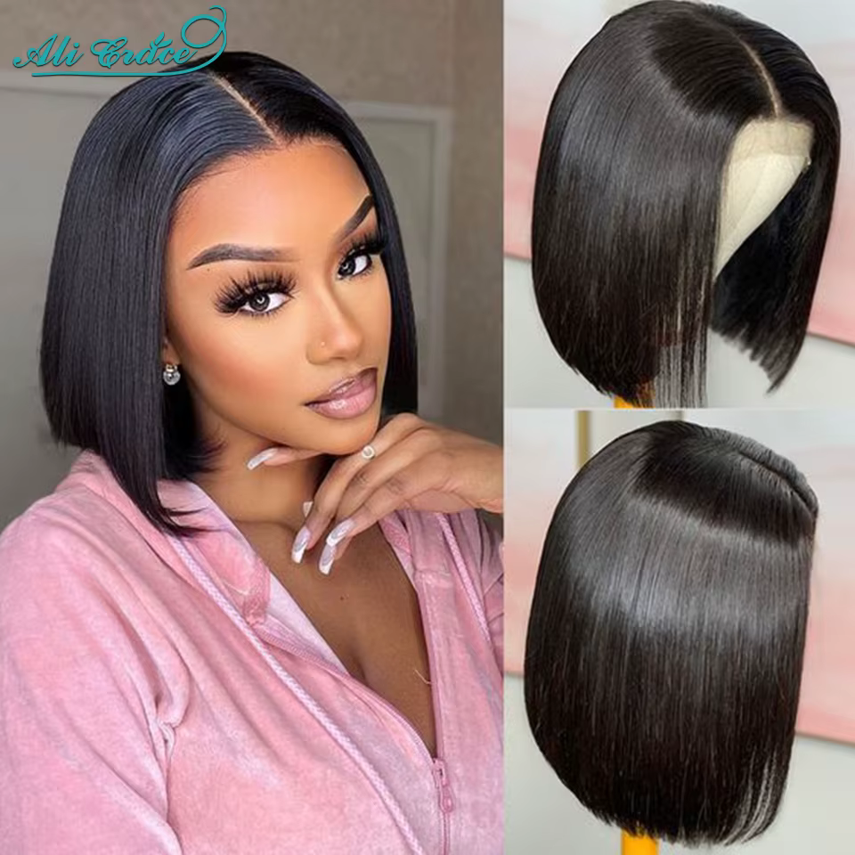 Ali Grace cheveux droite courte Bob perruque 4x4 dentelle fermeture perruque brésilienne transparent