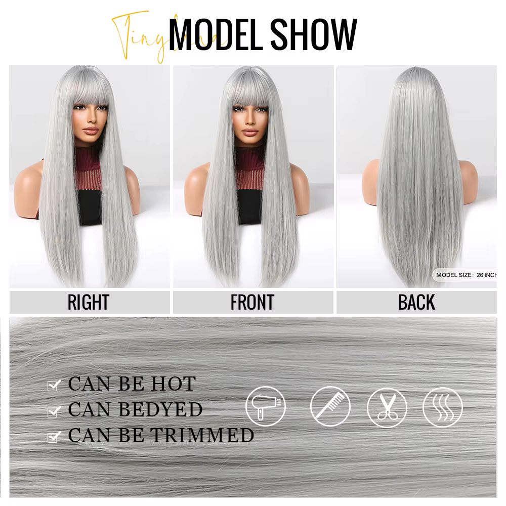 Perruques synthétiques longues et lisses gris cendré argenté, cheveux naturels Lolita Cosplay avec f
