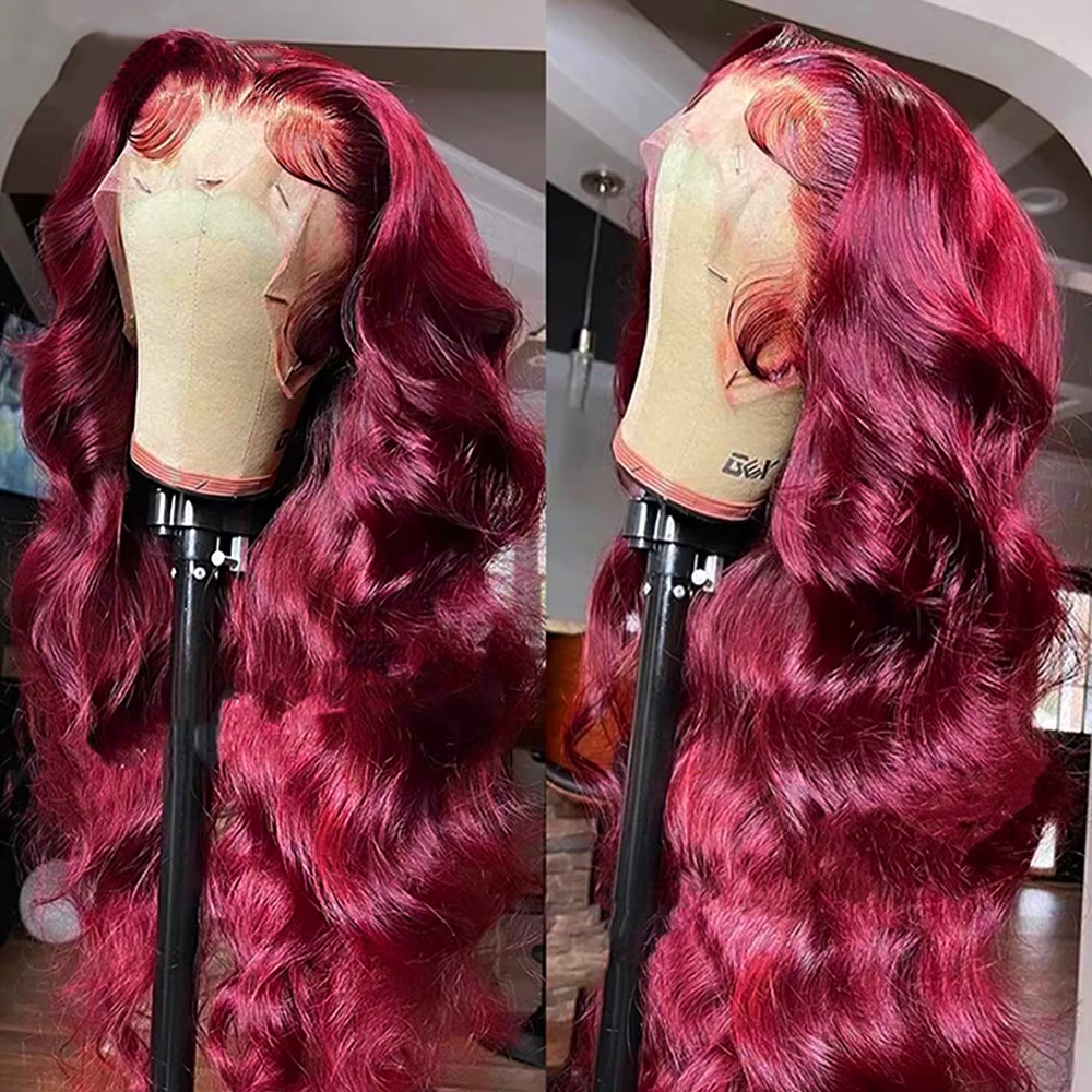 Perruque Body Wave Lace Front Wig Naturelle, Cheveux Humains, Couleur Rouge Bordeaux 99J, Transparen