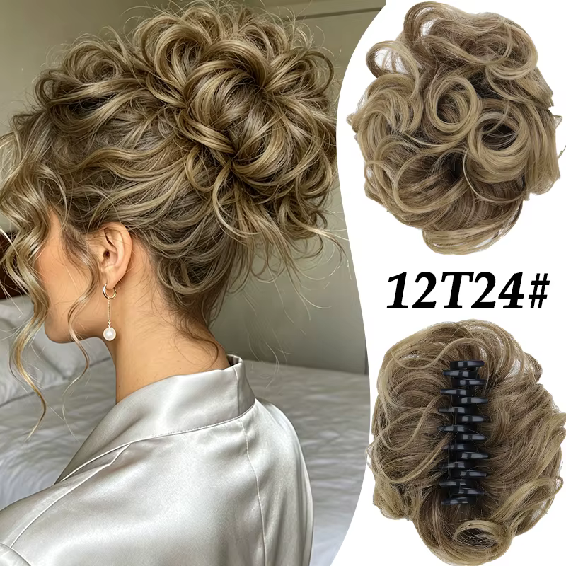 Pince à cheveux pour chignon désordonné, extension de chignon bouclé synthétique pour femme avec pin