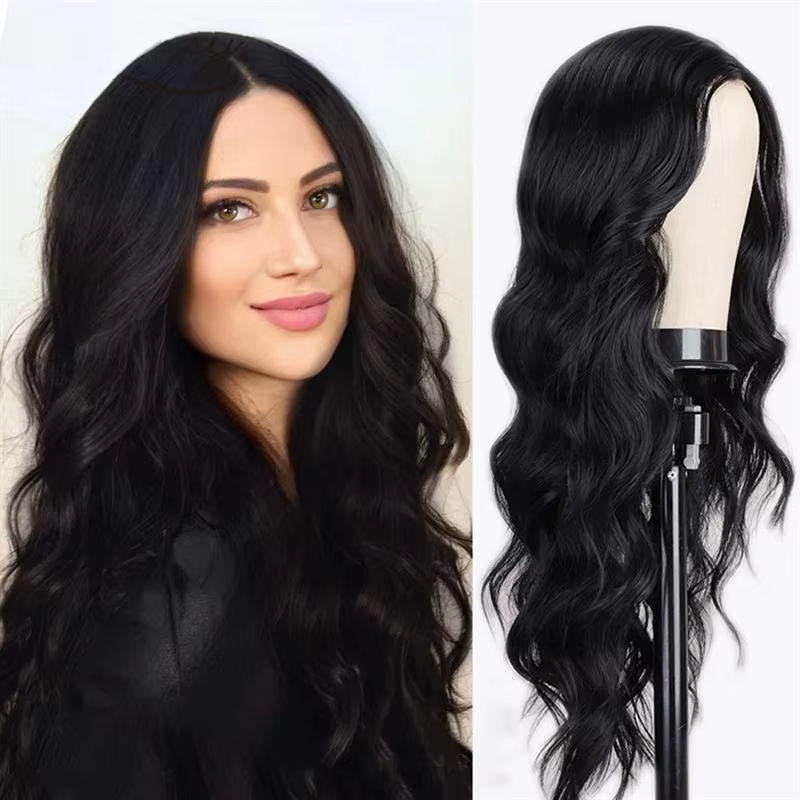 Perruque synthétique noire à la mode, grandes vagues, cheveux longs et bouclés, cheveux longs et moe
