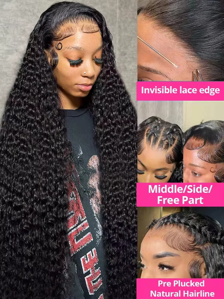40 46 pouces vague profonde 13x6 13x4 dentelle avant perruque de cheveux humains 200% Remy Curl 360