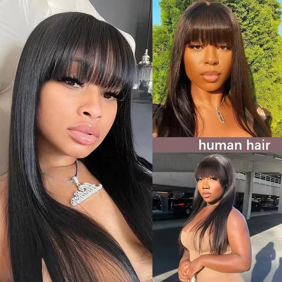 Perruque en cheveux humains noirs naturels, lisses, avec frange, pour femmes, 30-34 pouces, brésilie