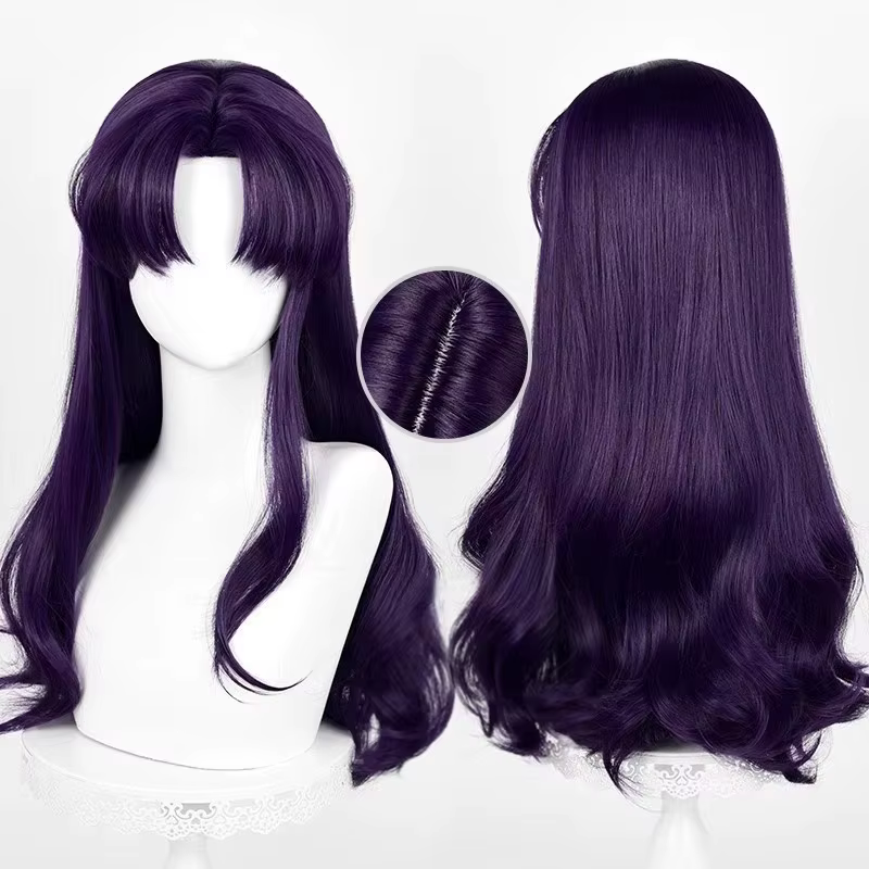 Perruque de Cosplay Anime EVA Katsuragi Misato, perruque longue de 55cm, cheveux bouclés noirs viole
