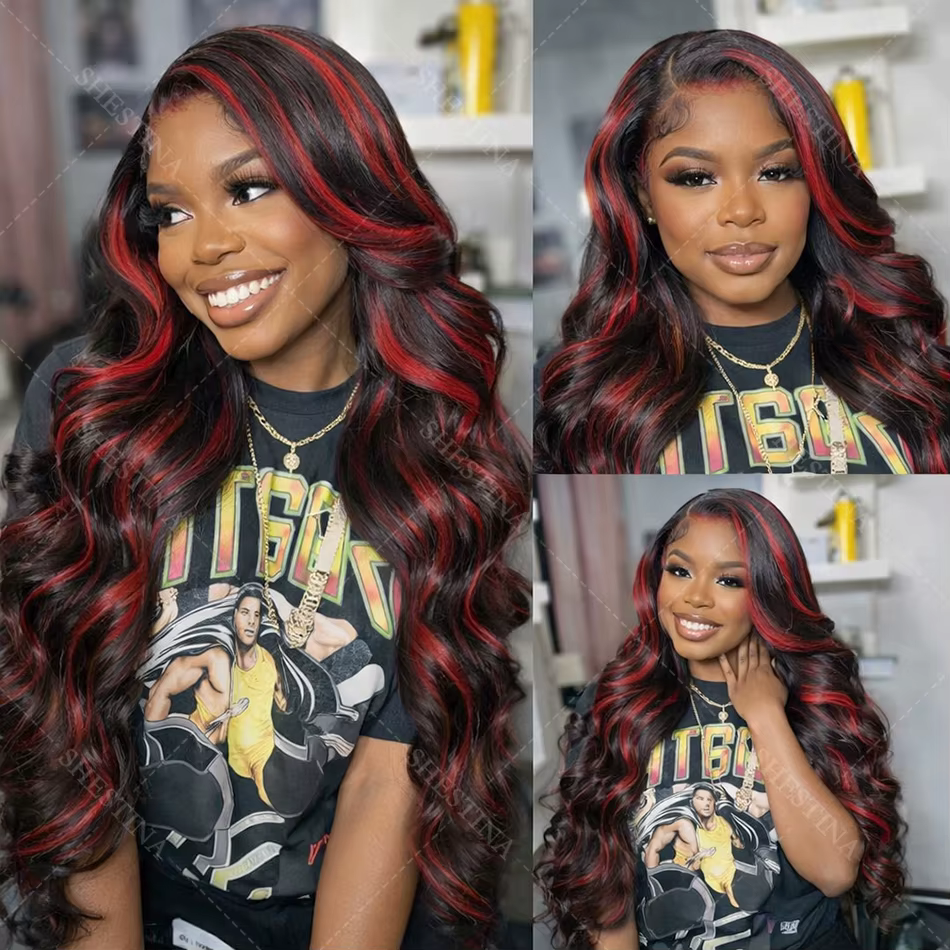 Perruque 1B/99J Highlight en cheveux humains, 13x4 HD Body Wave Lace Frontal, colorée rouge et noir,