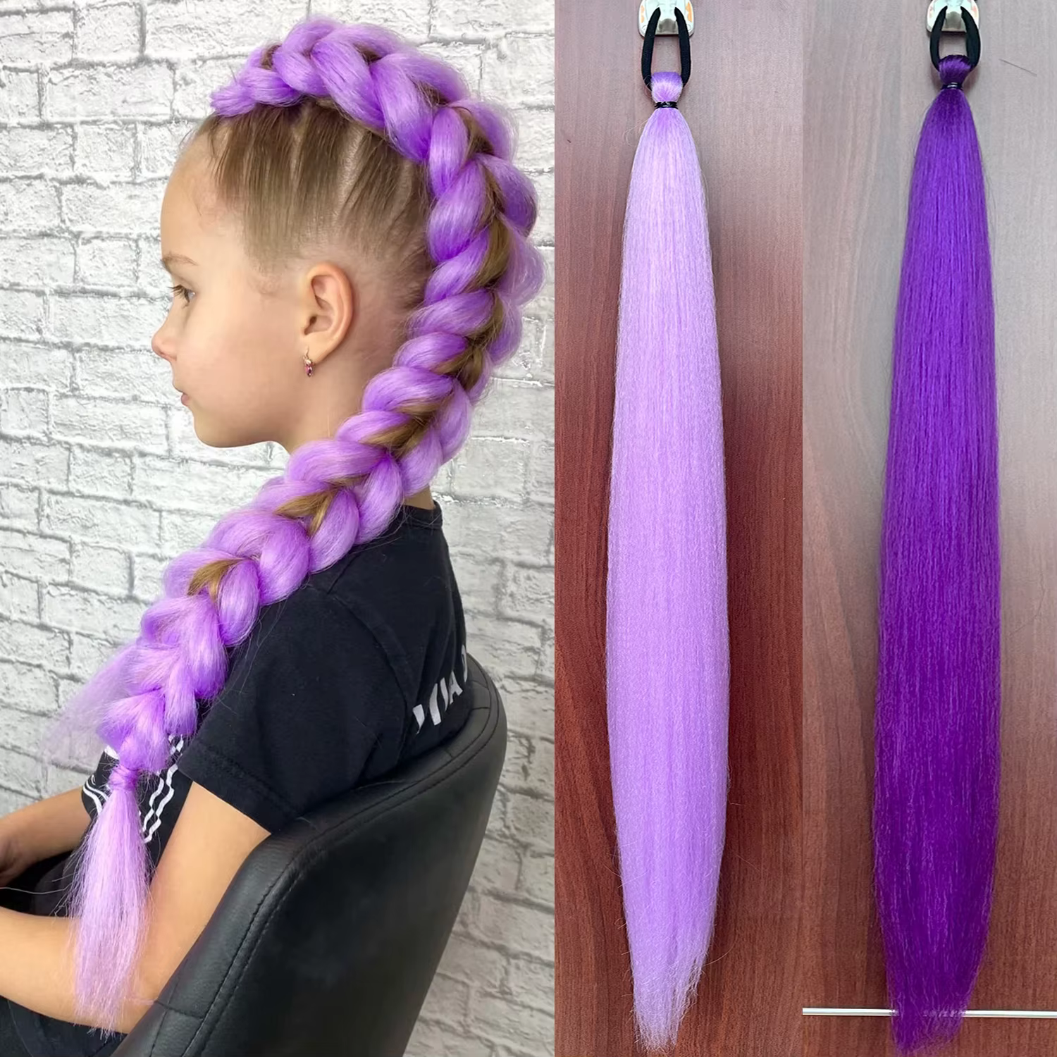 Queue de cheval synthétique longue et lisse de 28 pouces, queue de cheval tressée violette avec élas