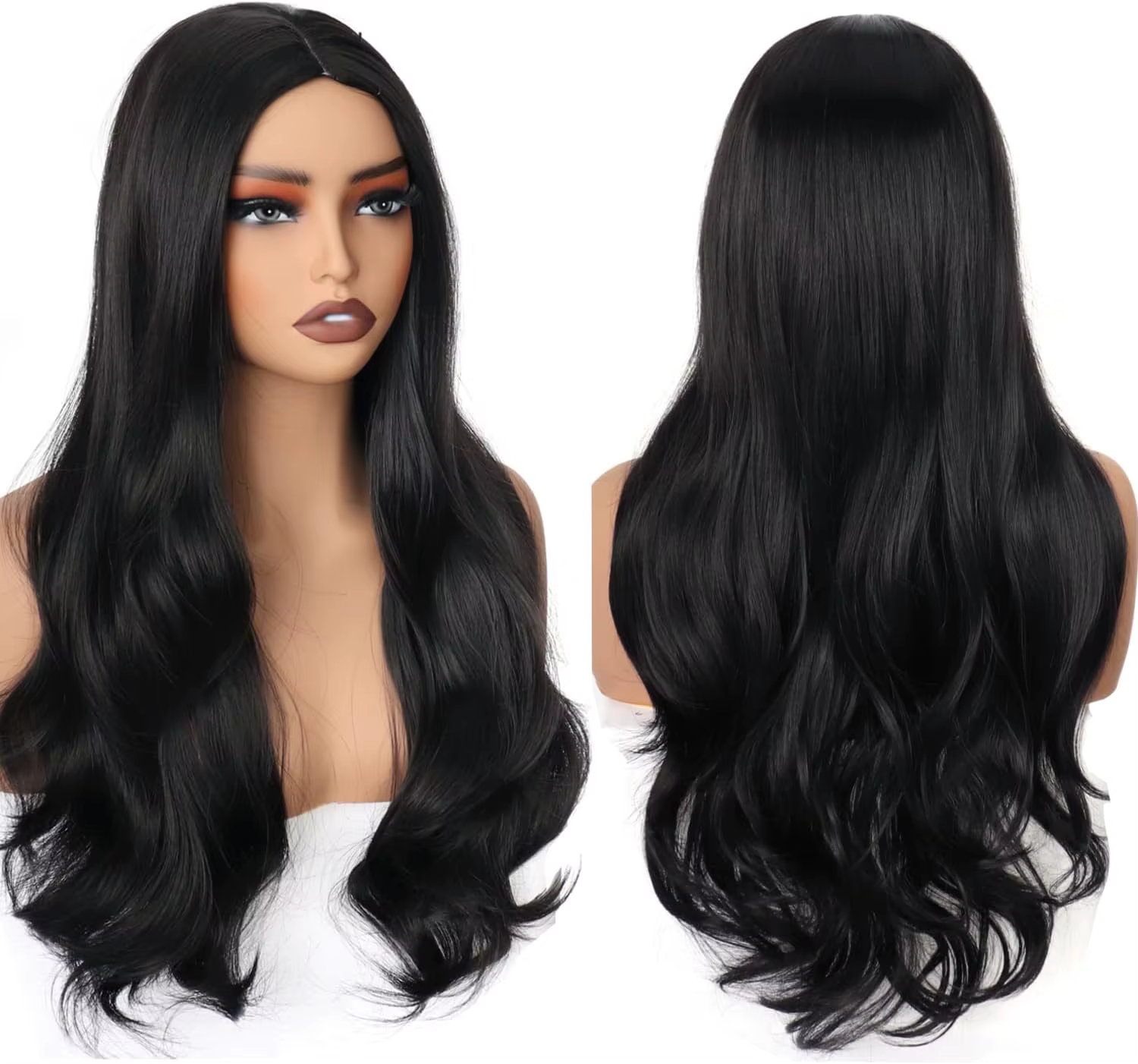Perruque synthétique longue bouclée noire pour femme, résistante à la chaleur, aspect naturel, éléga