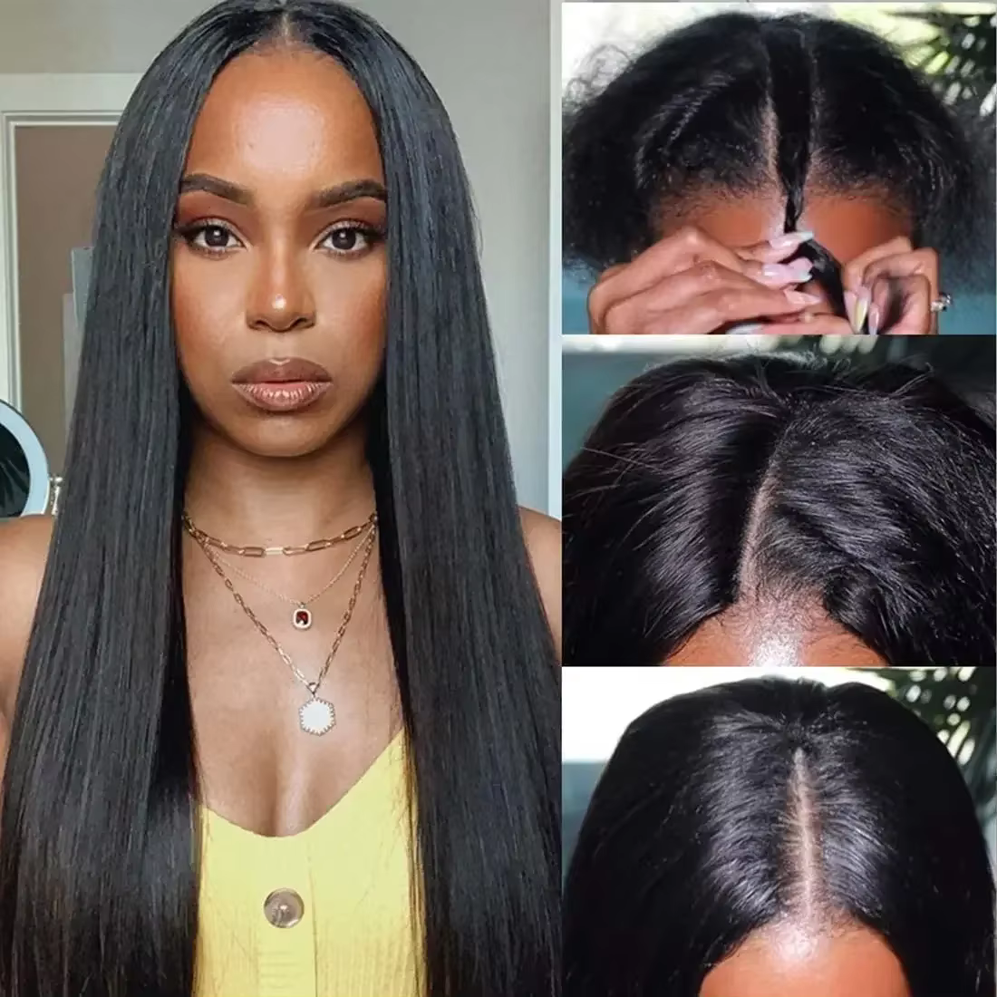 Perruques de cheveux humains lisses avec partie en V pour femmes, cheveux Remy brésiliens, couleur n