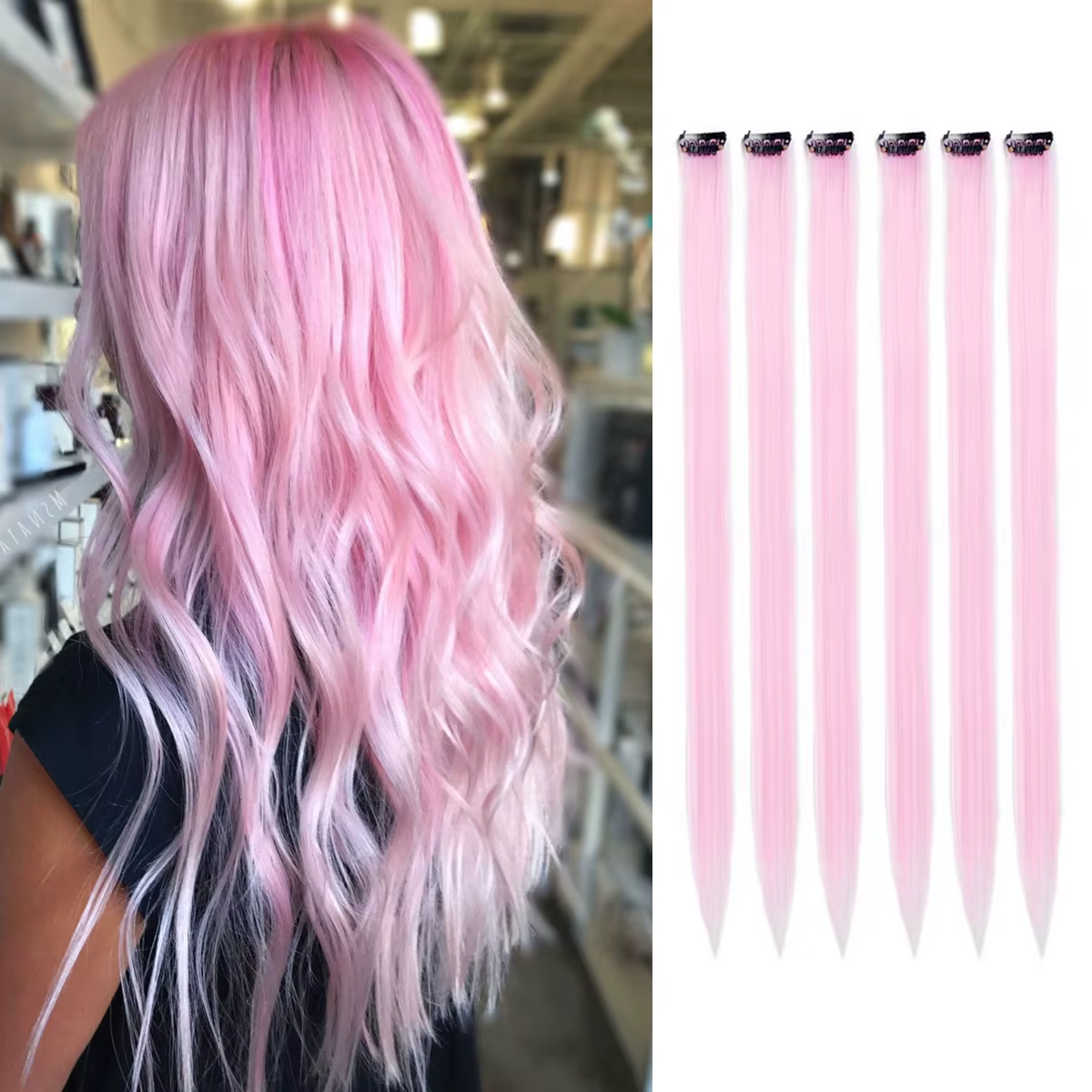 Extensions capillaires synthétiques à clips, reflets colorés de fête, 22 pouces, 6 pièces/paquet, po
