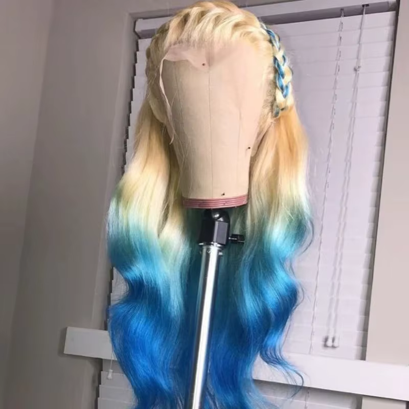 Perruque Lace Frontal Wig synthétique Body Wave à reflets bleus, blond ombré, 13x4 HD, haute qualité