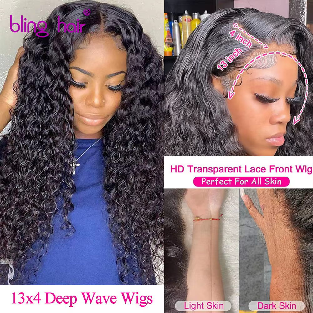Perruque Lace Wig Remy Deep Wave Transparente pour Femme, Cheveux 100% Naturels, Bling, Densité 200,