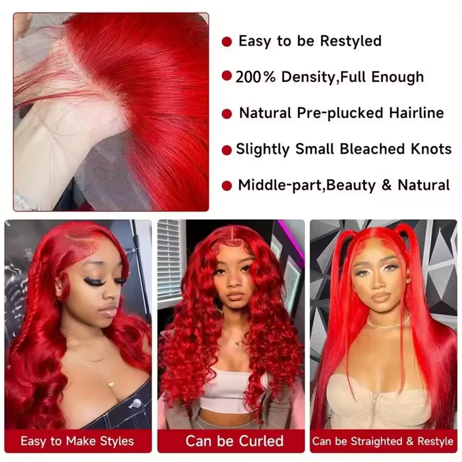 Perruque Brésilienne de Cheveux Naturels Ondulés, Rouge Chaud, 13x6 HD, 4x4, 5x5, pour Femme