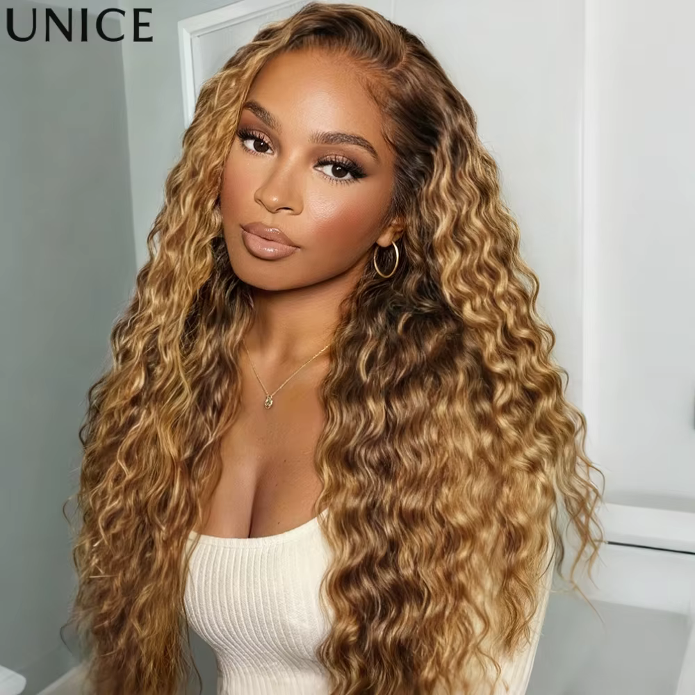 UNice Bye-Bye Slip ™   Perruque 13x4 Lace Frontal Couleur Bronde avec Mèches Blond Miel Ondulées Eff