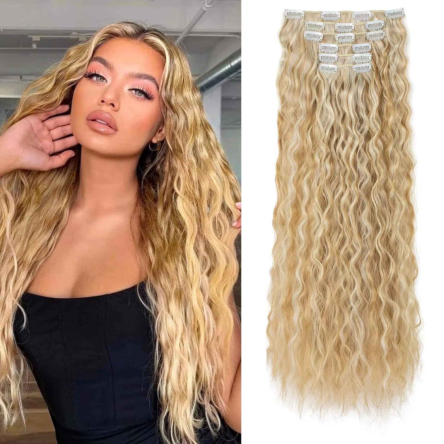 Extensions capillaires synthétiques à clips, postiche longue ondulée de 22 pouces, 16 griffes, pour 
