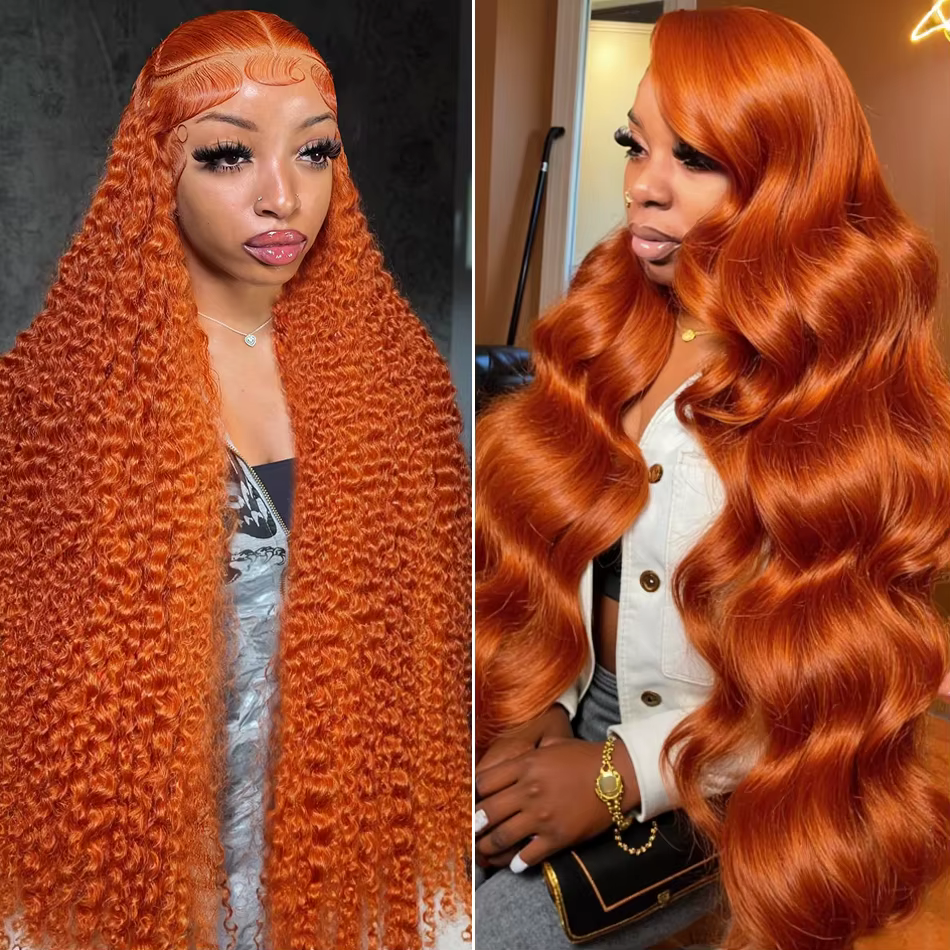 Perruque Lace Frontale 13x6 en Cheveux Humains, Ondulations Profondes Couleur Gingembre Orange, Dens