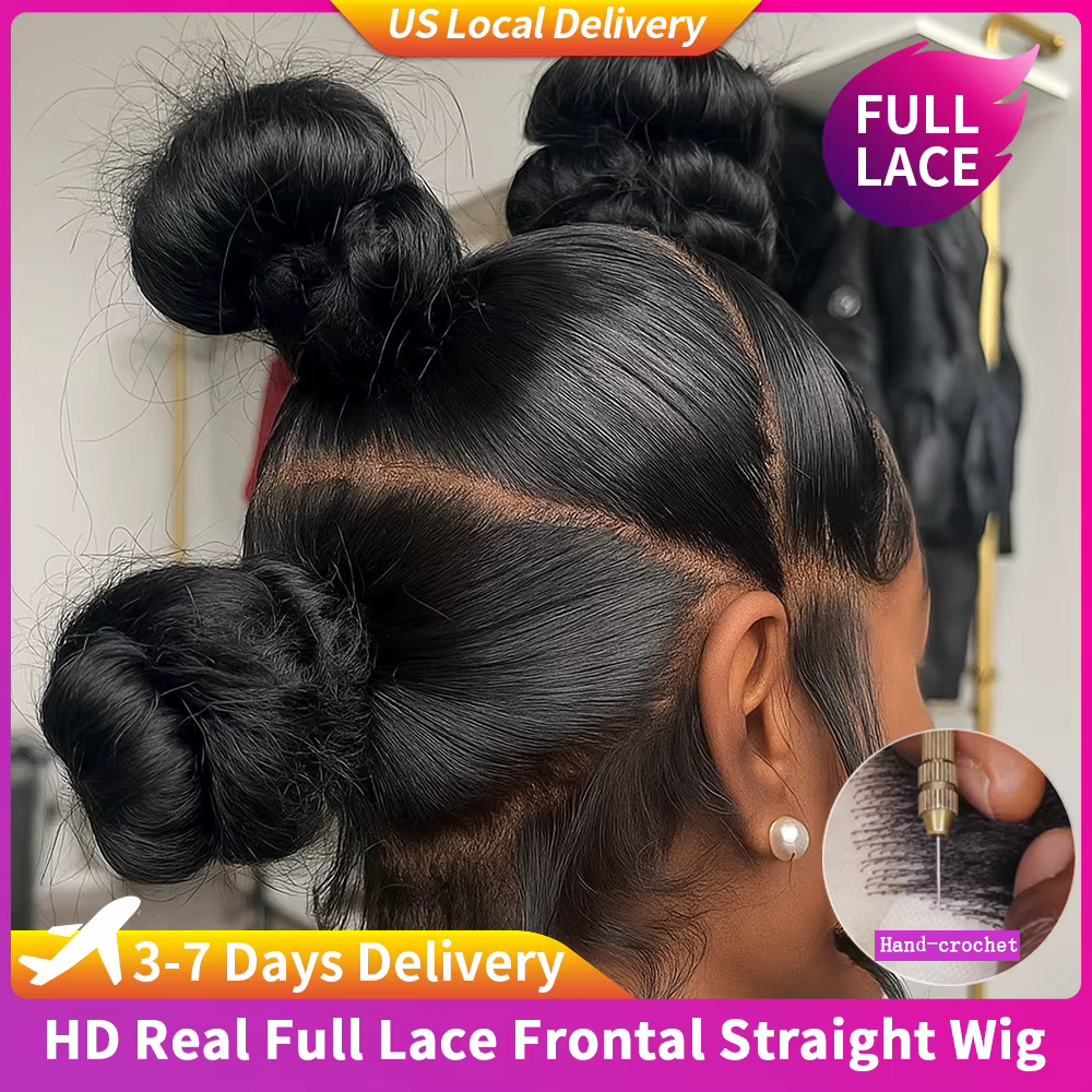 Perruque Full Lace Wig naturelle lisse, cheveux humains, densité 200, pre-plucked, HD 360, perruque 
