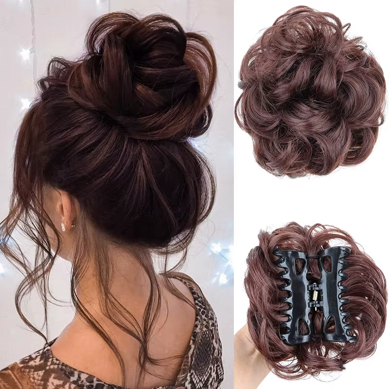 Chignon synthétique en désordre pour femmes, Extension capillaire courte, bouclée, ondulée, noire, B