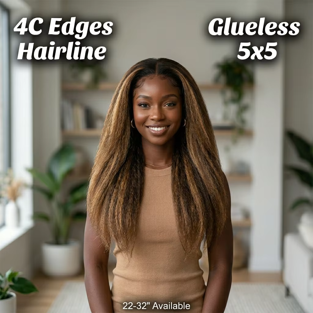 Perruques de cheveux humains raides et bouclés 4C avec bordures naturelles, perruque sans colle 5x5