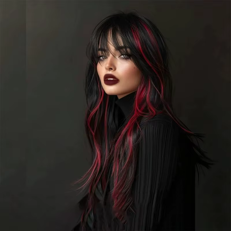 Perruque synthétique longue ondulée mélange noir rouge avec frange, perruque synthétique rouge à ref