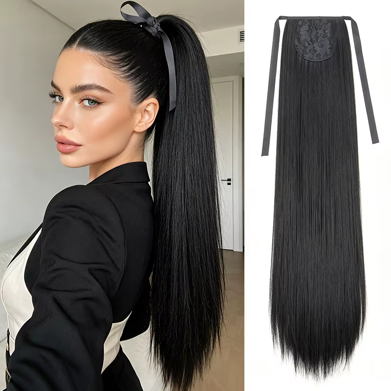 Extension de cheveux queue de cheval longue et droite avec attaches pour femmes, perruque synthétiqu