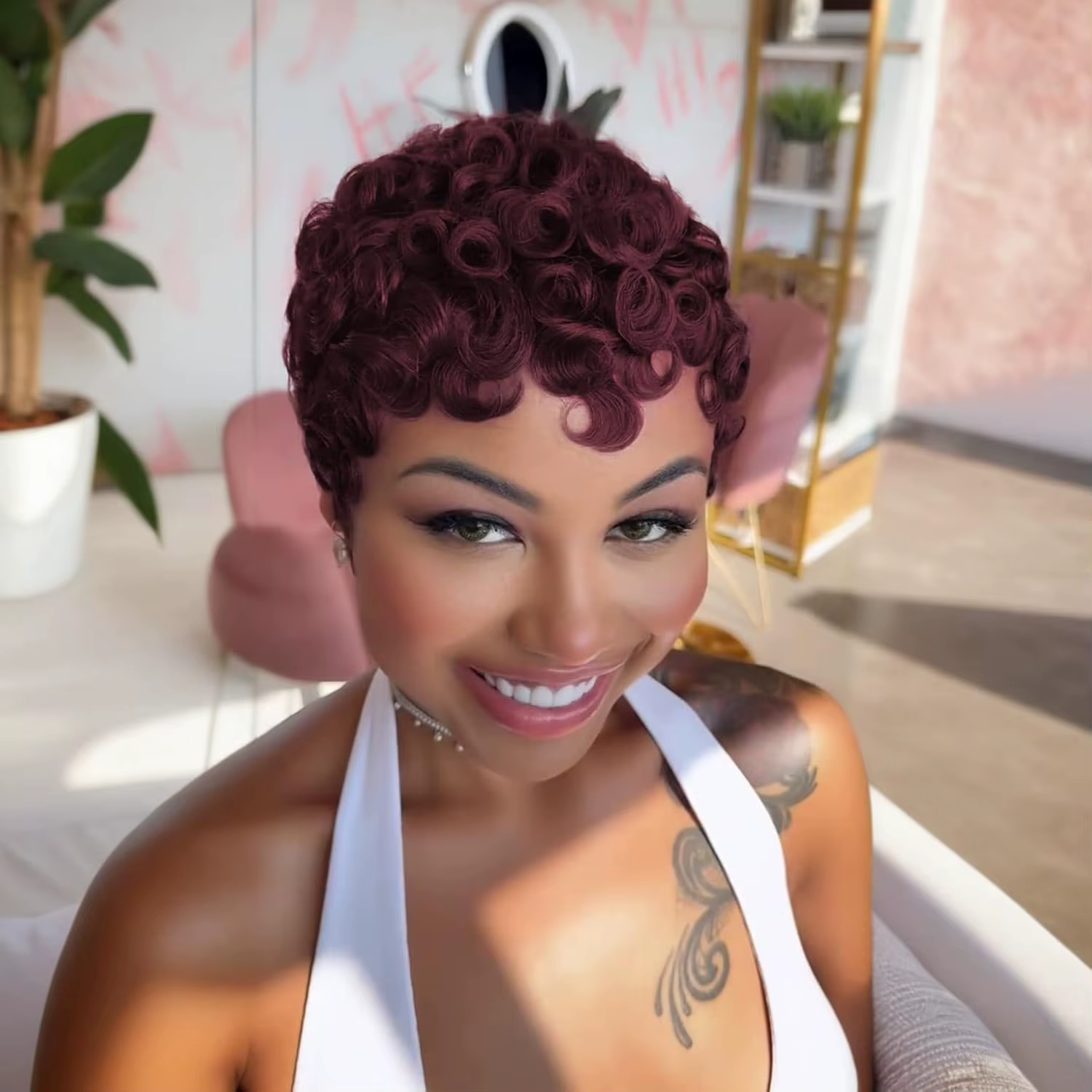 99J court couches Pixie bouclés perruques cheveux humains rouge foncé Chic Pixie coupe perruque de c