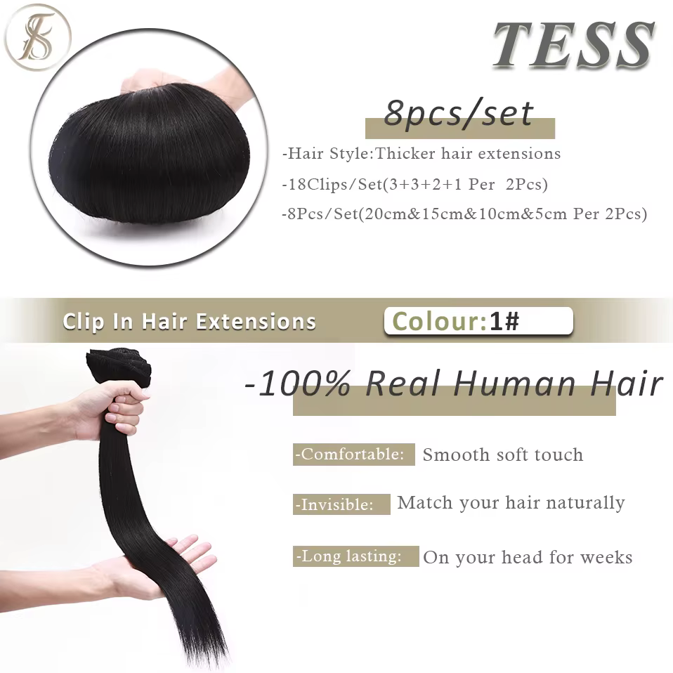 TESS-Extensions de Cheveux Naturels Lisses à réinitialisation, Postiche Complète, Reflets Bruns Blon