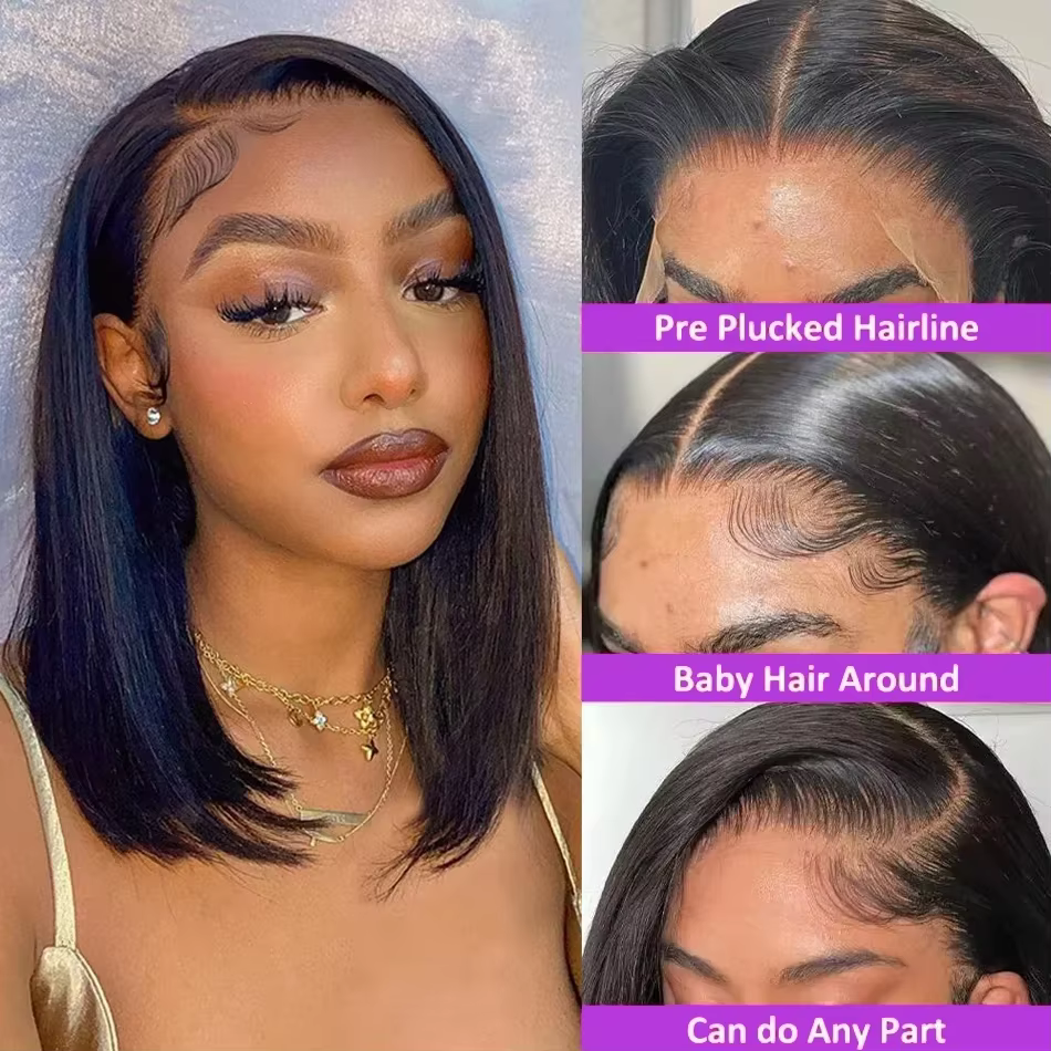 Perruques courtes bob droites 13x4 en cheveux humains, perruques frontales en dentelle 200% Remy pré